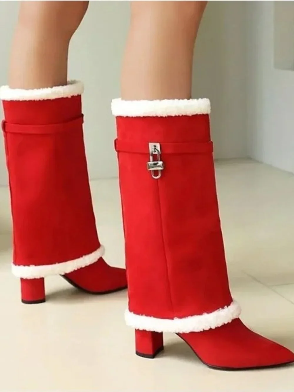 AIJIVOU Size 9.5 Boots Red Fold Over Padlock Mid Calf Pointed Toe Fur Trim